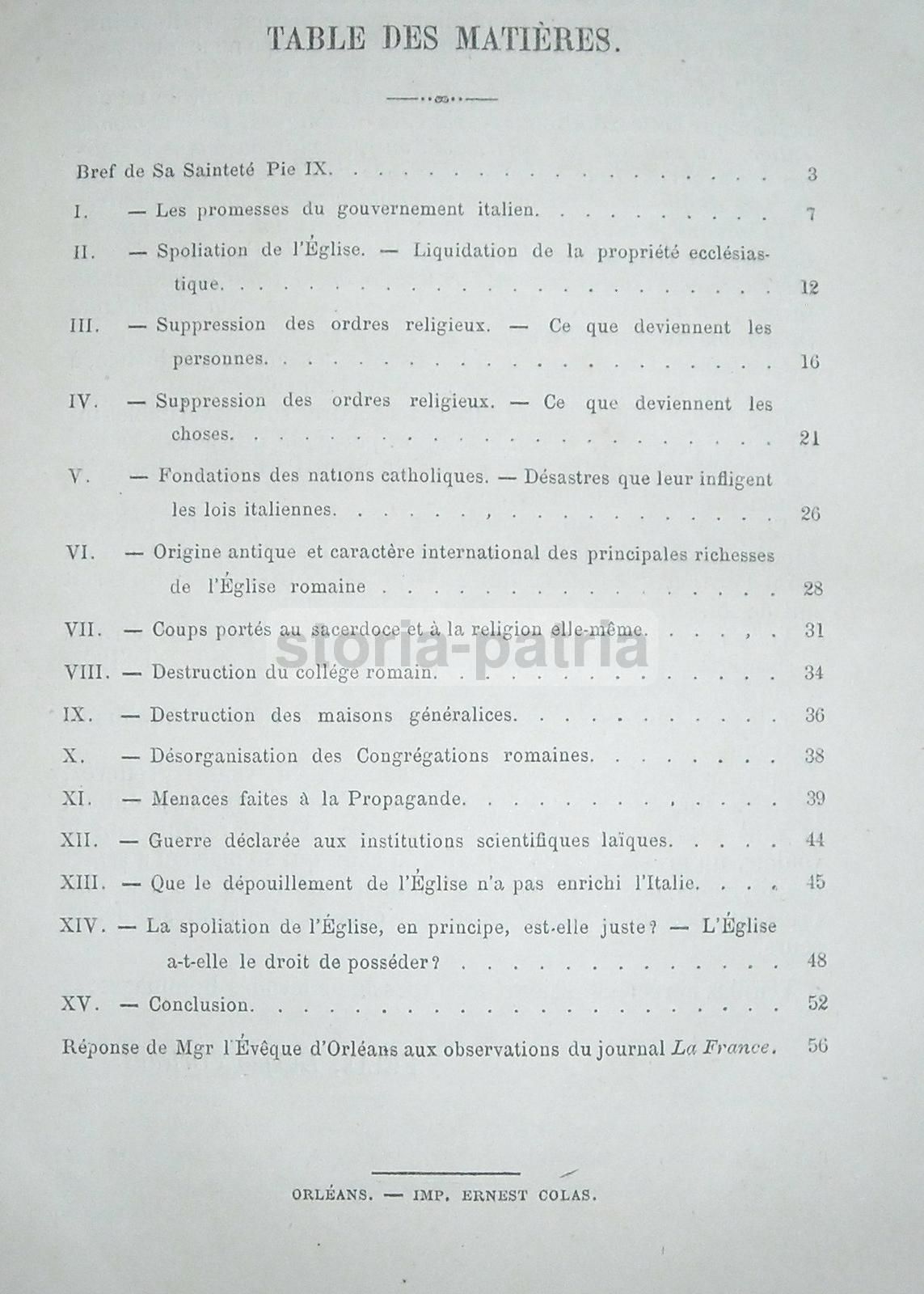 Lettera Del Vescovo Di Orléans A Minghetti Sulla Spoliazione Della Chiesa, Roma 1874