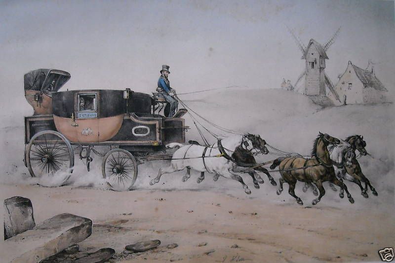 Litografia Antica Corriere Postale Victor Jean Adam Francia Metà '800