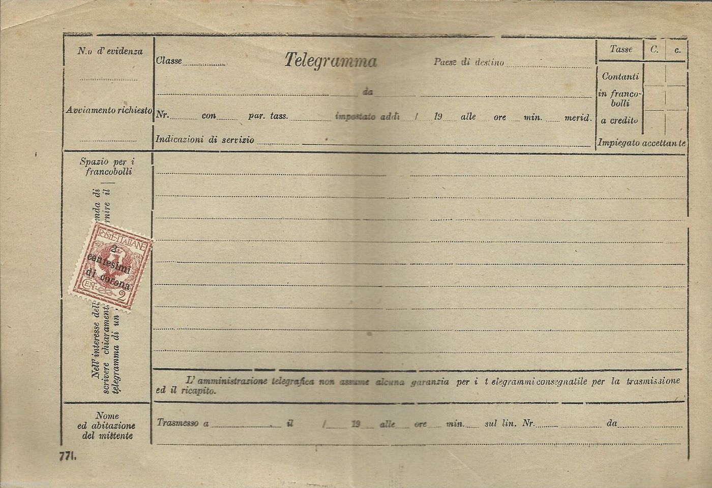 Antico Telegramma Con Francobollo Da 2 Centesimi Di Corona, Epoca 1900