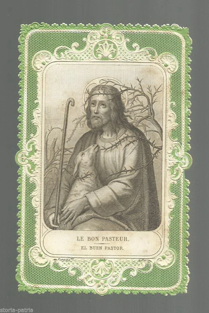 Santino Merlettato Gesù Buon Pastore, Edizione Turgis Parigi, Fine Xix Secolo