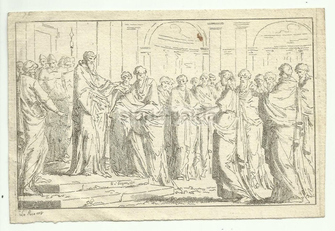 Incisione Antica Parizeau 1770 Veduta Classica Animata