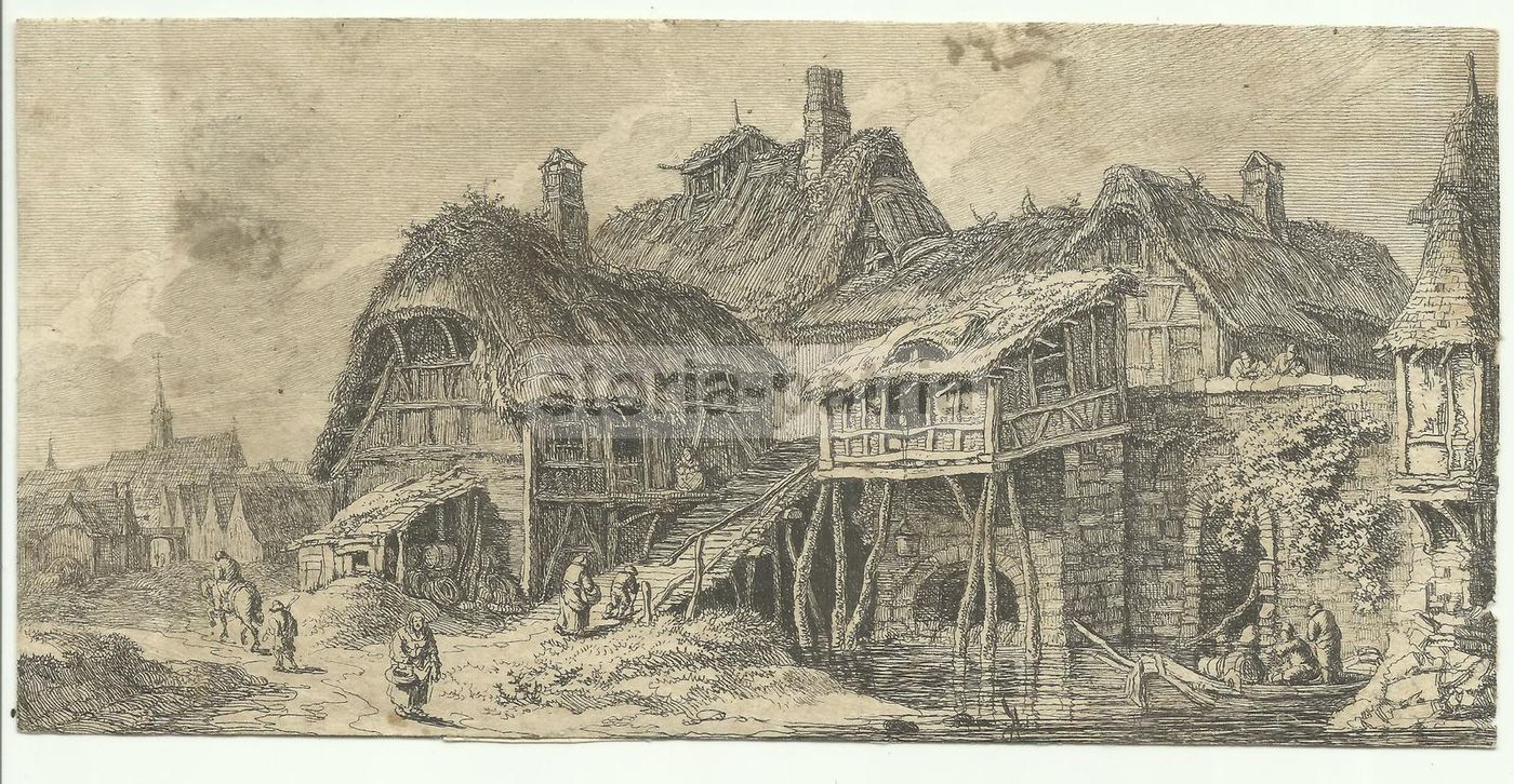 Antica Incisione Nordica Fiamminga XVII Secolo Veduta Folkloristica