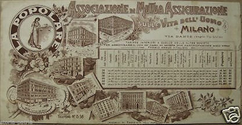 Pubblicità La Popolare Assicurazioni Milano Fine '800 Litografia