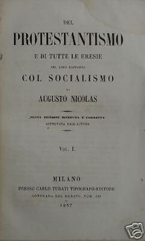 Protestantesimo E Socialismo Di Augusto Nicolas, Milano 1857