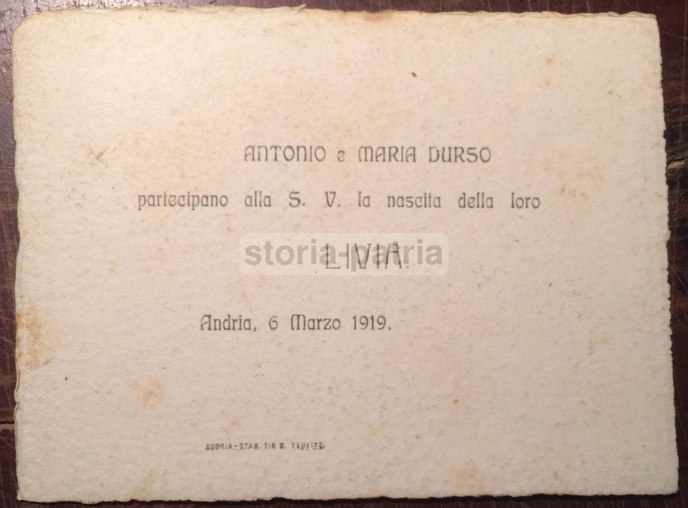 Biglietto Nascita 1919 Andria Puglia Casa d'Urso Raro Epoca