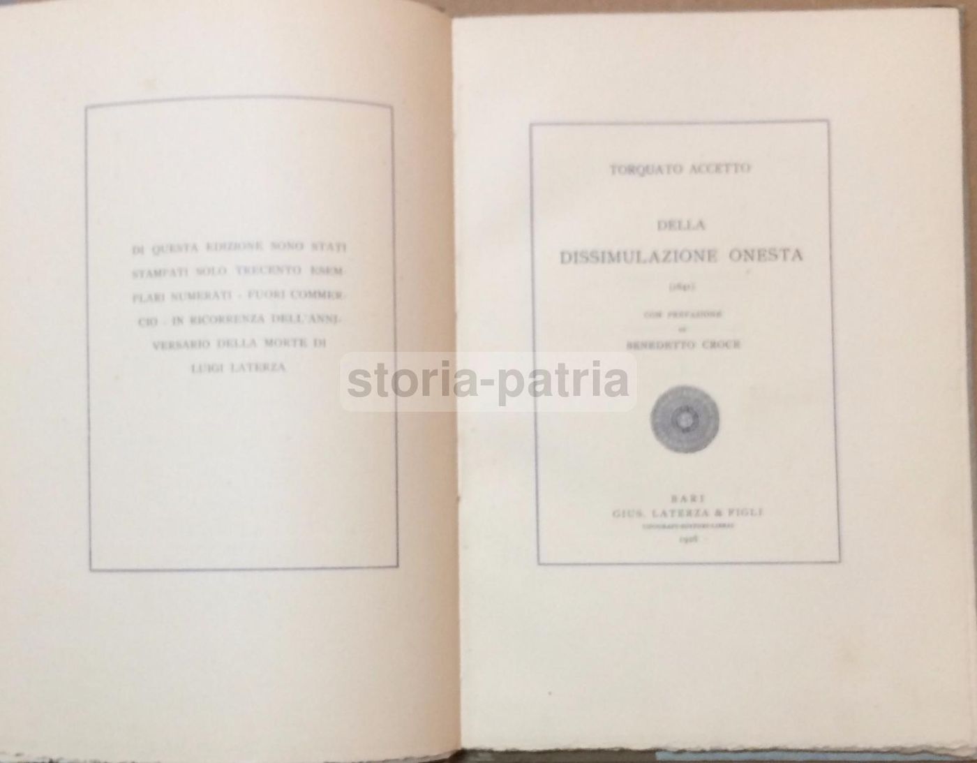 Della Dissimulazione Onesta 1928 Laterza Croce Incisione Rara
