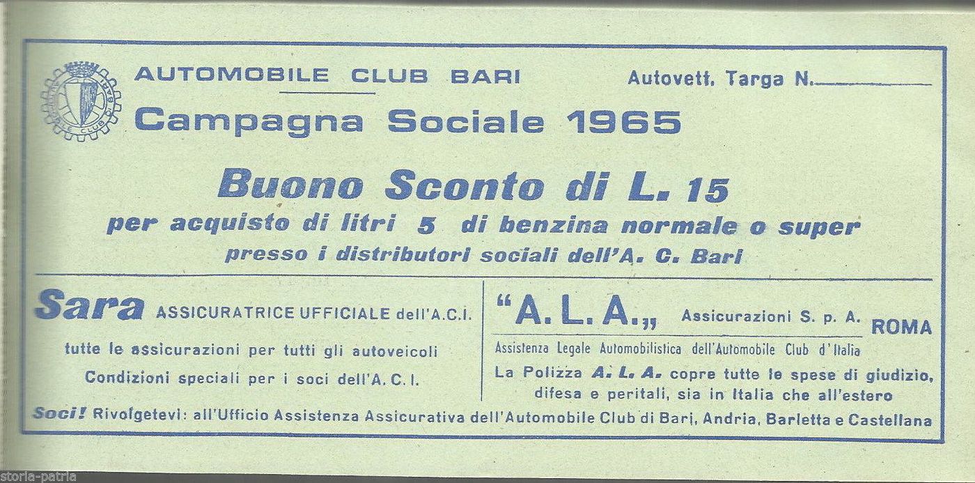 Buono Sconto Benzina Automobile Club Bari 1965 Sara ALA