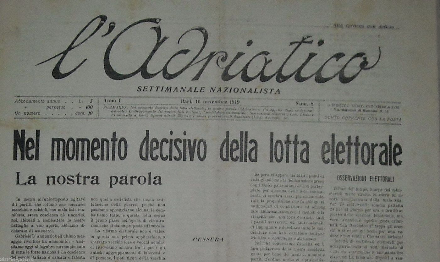 L'Adriatico 1919: Giornale Nazionalista Di Bari Con Censura Dell'Epoca