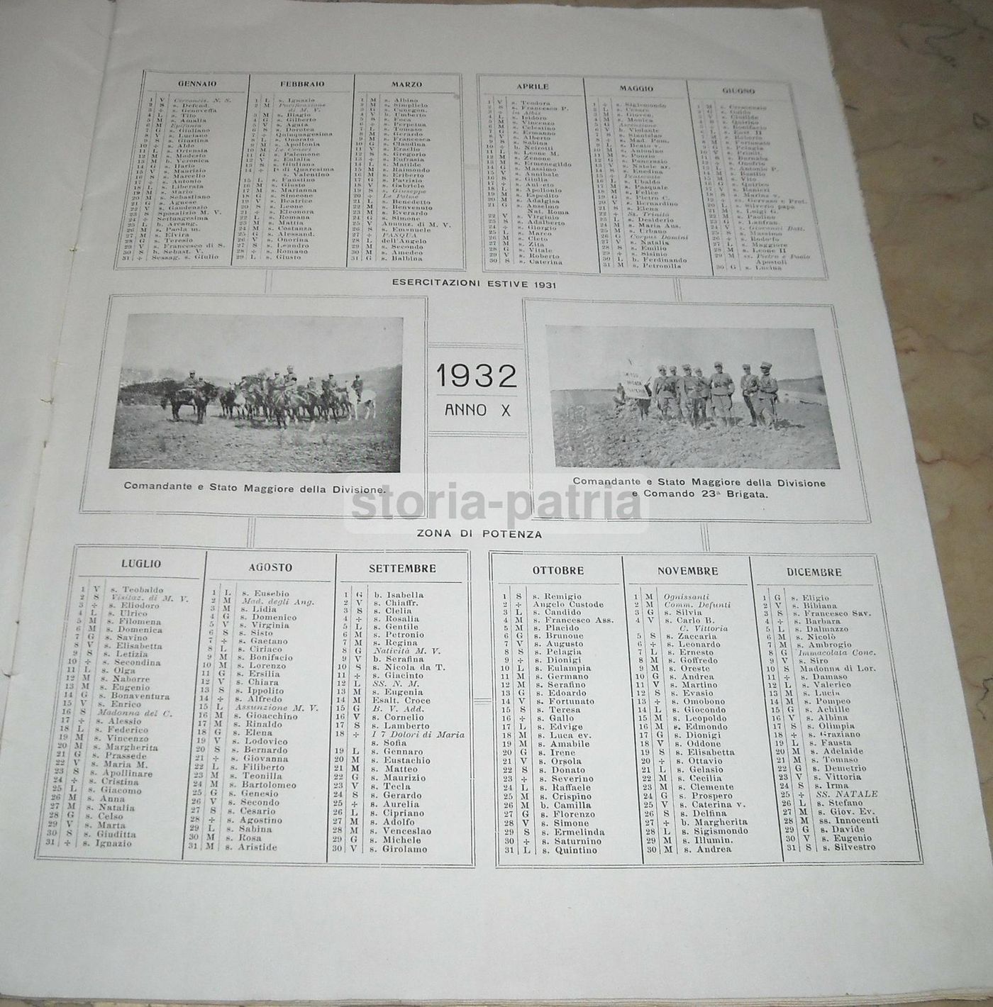 Calendario Storico Della 23a Divisione Territoriale Bari 1932
