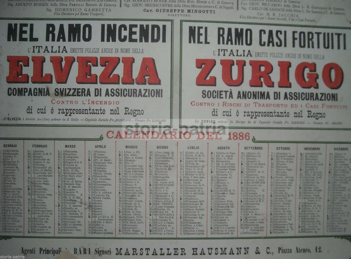 Manifesto Pubblicitario Assicurazioni Italia Genova Bari 1886