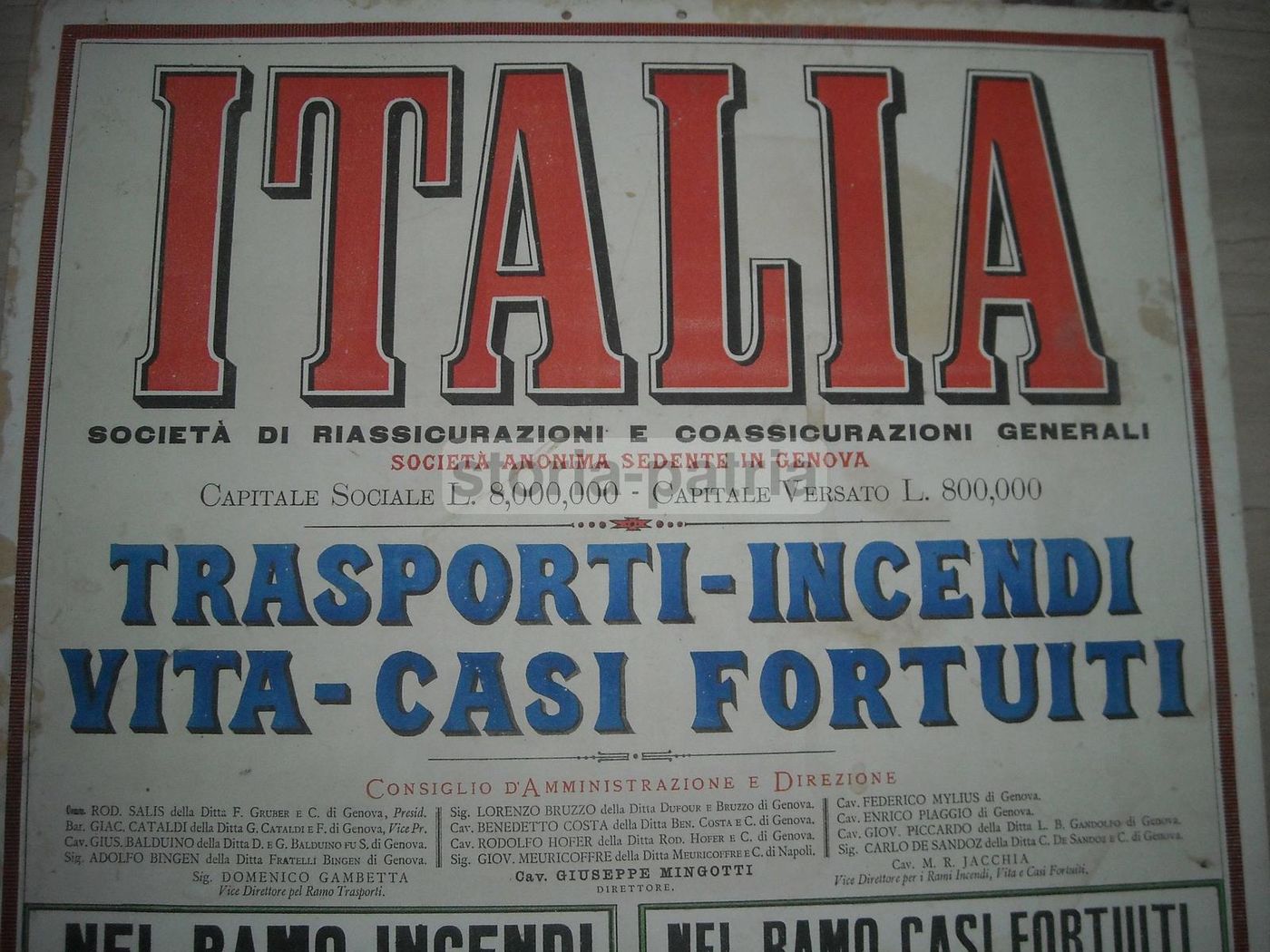 Manifesto Pubblicitario Assicurazioni Italia Genova Bari 1886
