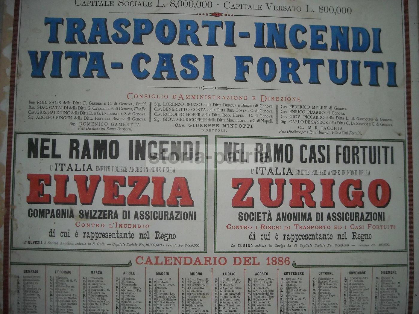Manifesto Pubblicitario Assicurazioni Italia Genova Bari 1886