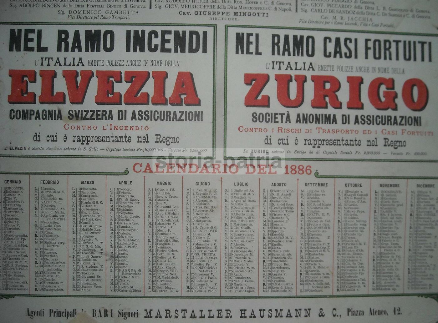 Manifesto Pubblicitario Assicurazioni Italia Genova Bari 1886
