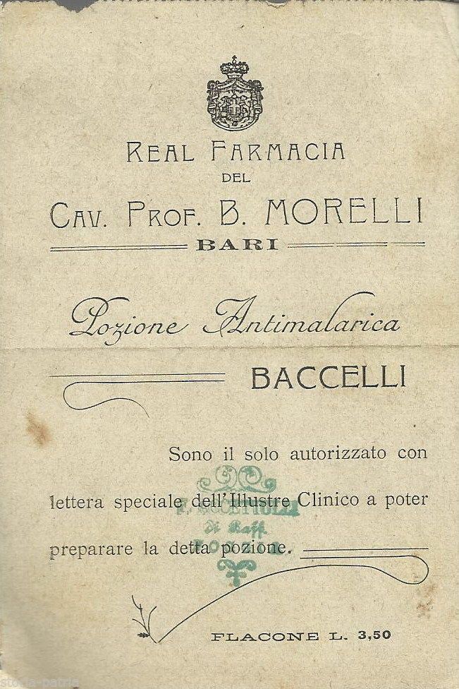 Pubblicità Farmacia Morelli Bari Antimalarico Baccelli, 1900 Circa
