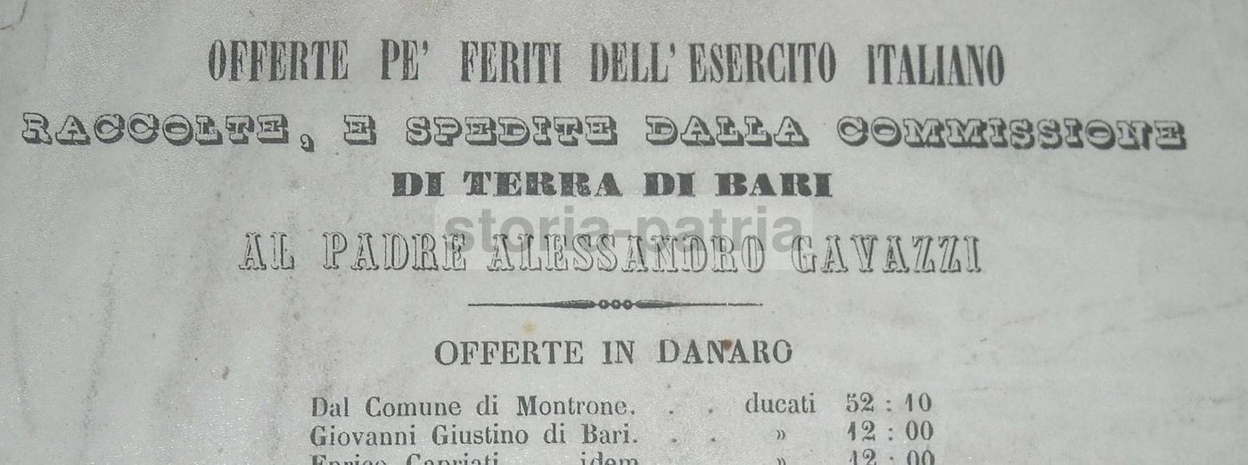 Foglio Volante Beneficenza Feriti Esercito Bari Gavazzi 1800