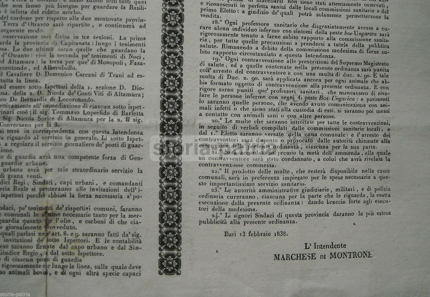 Manifesto Epizoozia Bovina, Terra Di Bari, 1838