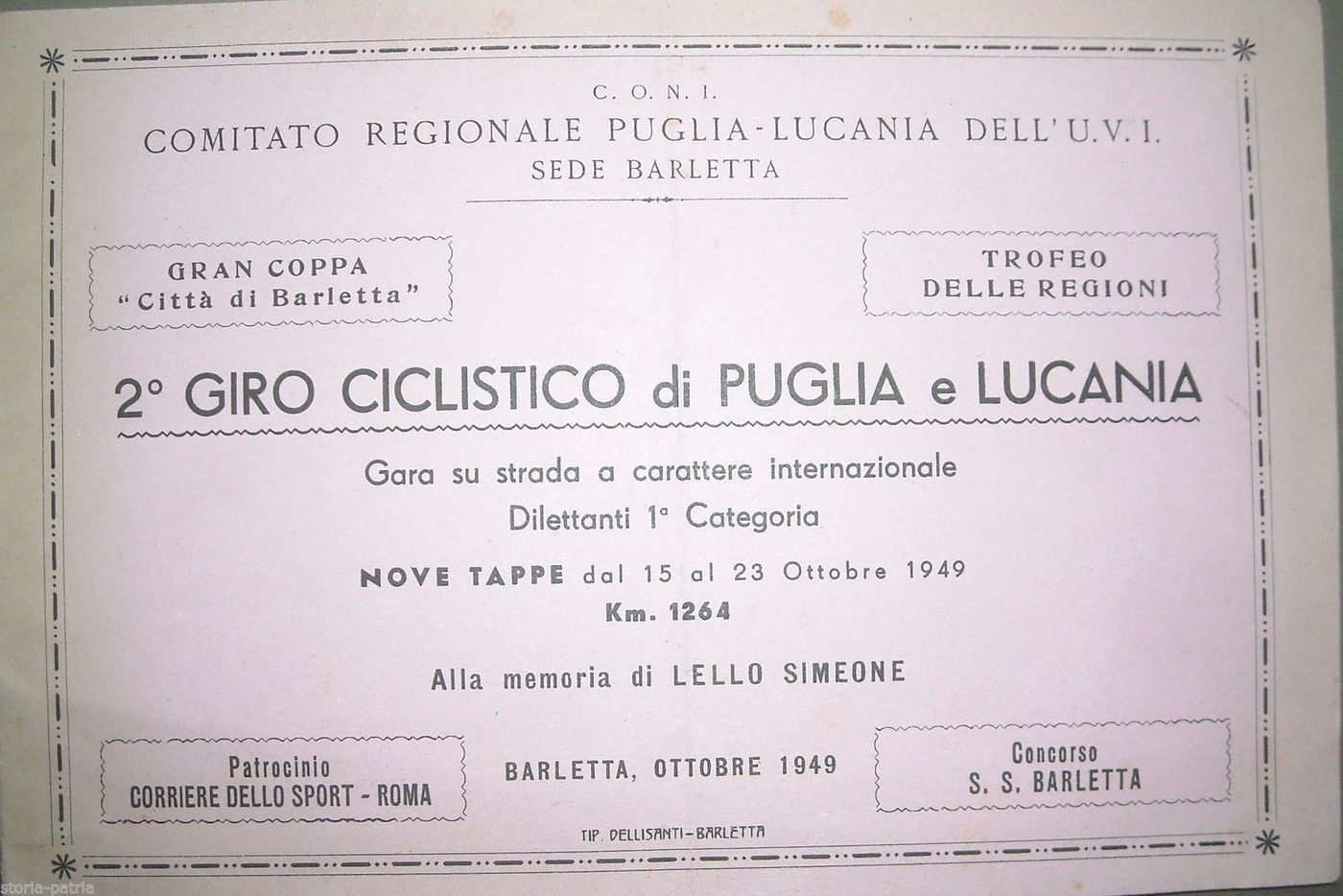 Giro Ciclistico Puglia Lucania 1949 Barletta Simeone CONI UVI