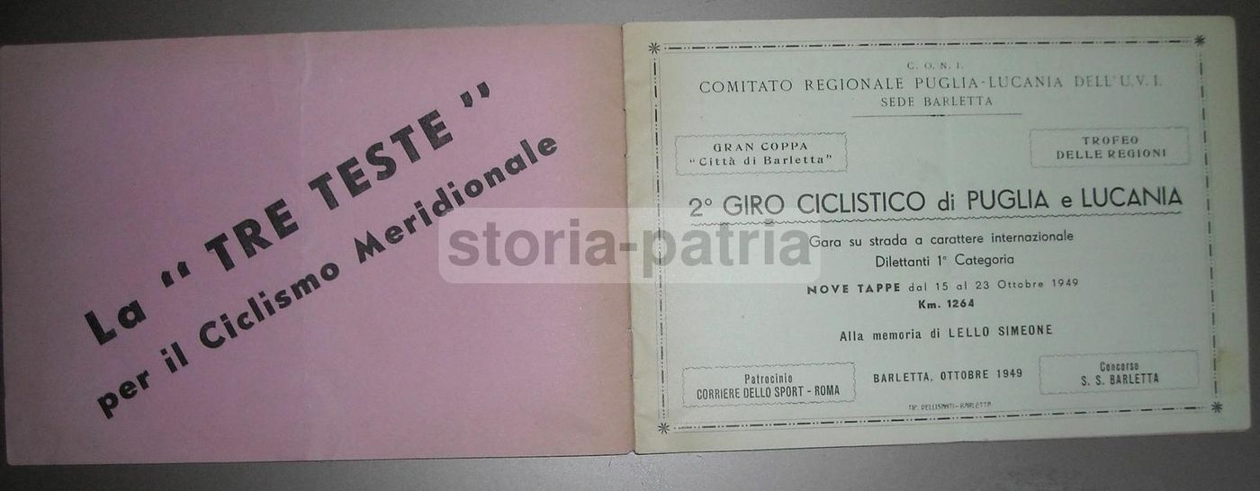 Giro Ciclistico Puglia Lucania 1949 Barletta Simeone CONI UVI