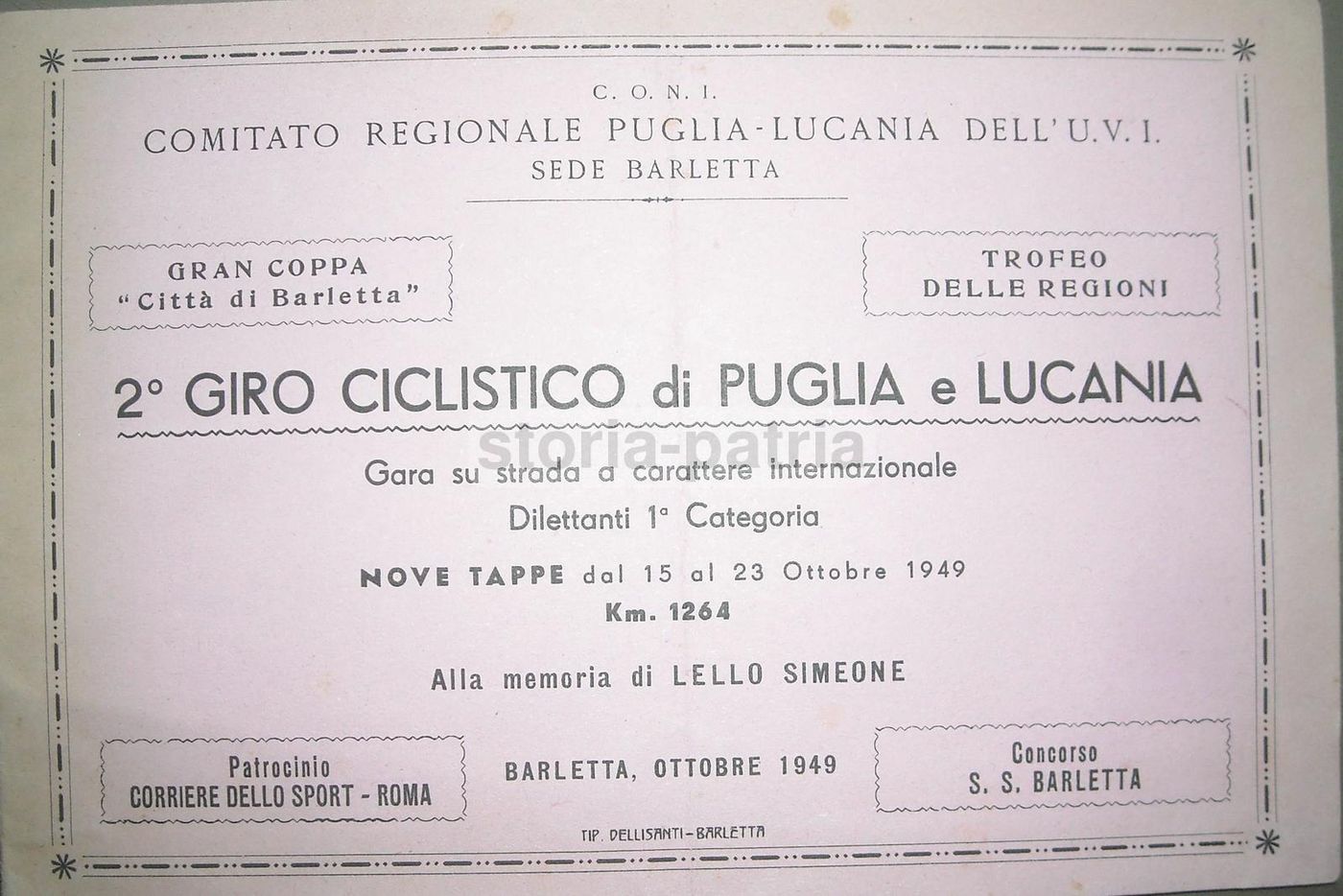 Giro Ciclistico Puglia Lucania 1949 Barletta Simeone CONI UVI