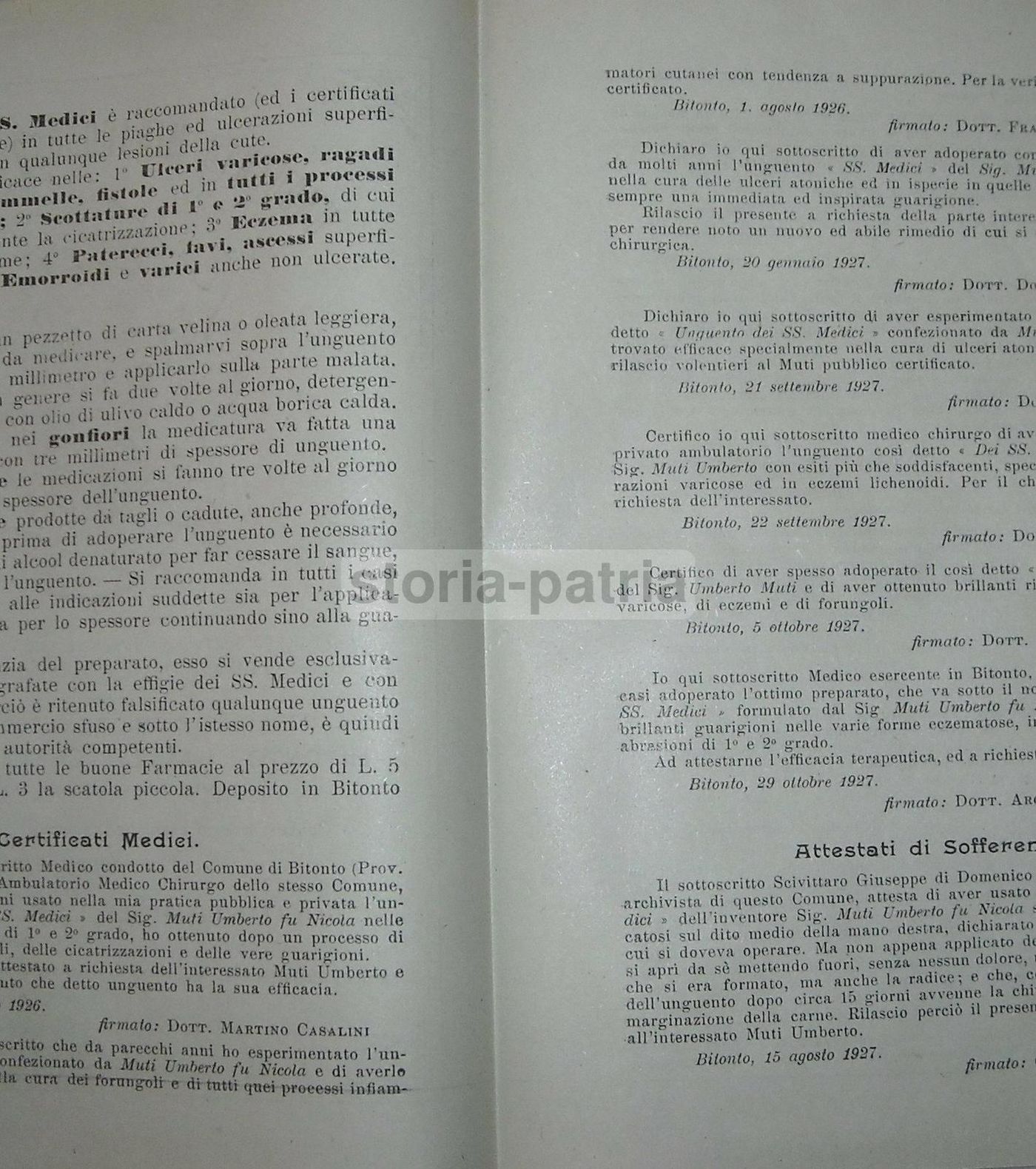 Pieghevole Pubblicitario Unguento Miracoloso SS. Medici Bitonto