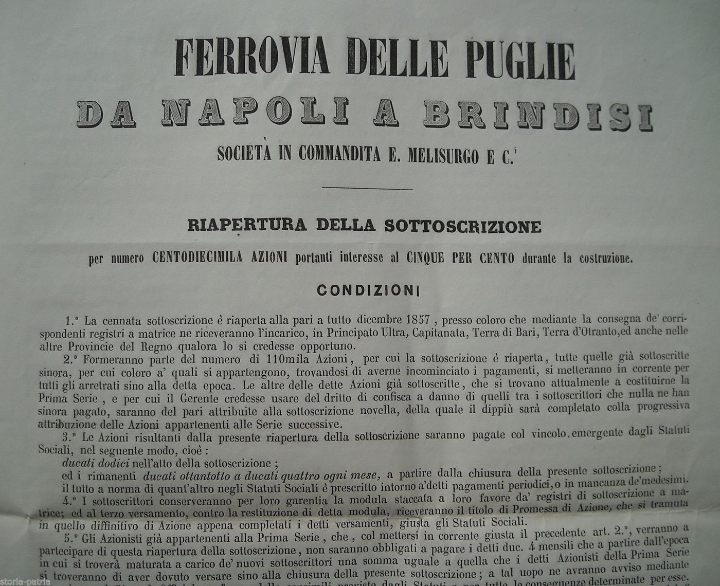 Ferrovia Napoli Brindisi: Società Melisurgo Sottoscrizione Azioni (1857)