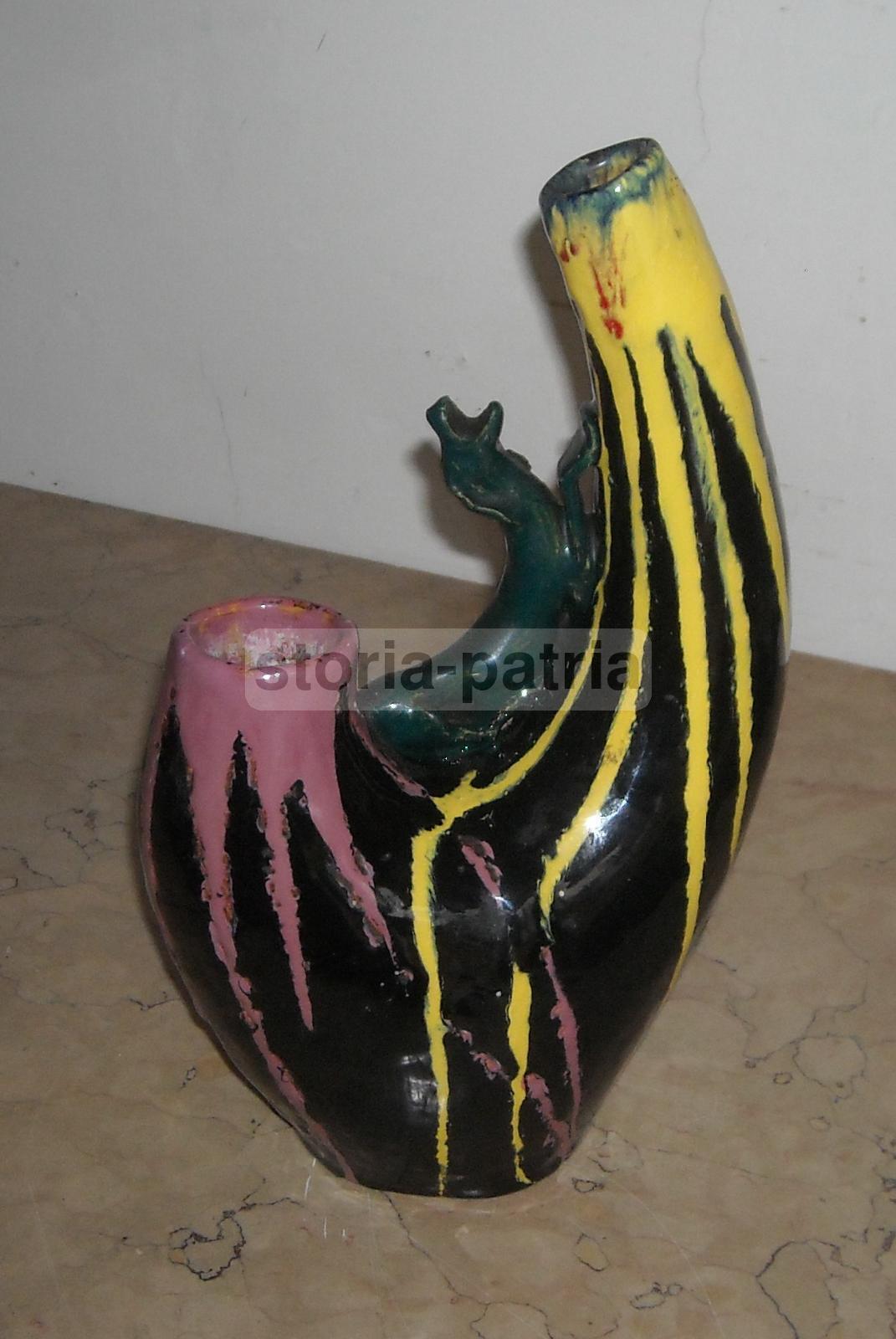 Vaso In Ceramica Artistica Di Grottaglie Con Scultura Di Cane, Anni '30 '50