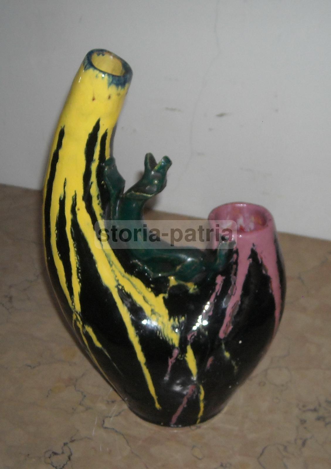 Vaso In Ceramica Artistica Di Grottaglie Con Scultura Di Cane, Anni '30 '50