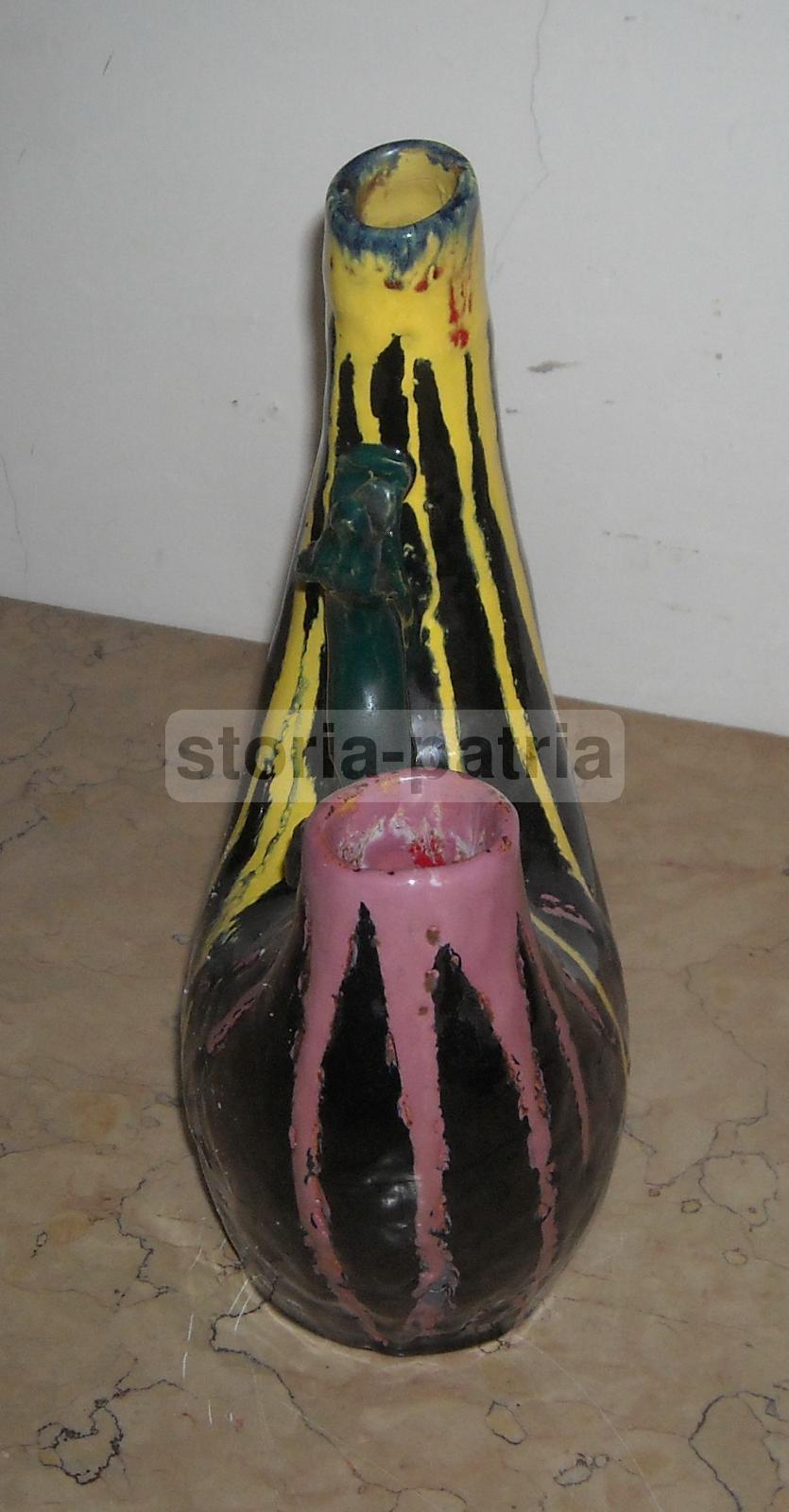 Vaso In Ceramica Artistica Di Grottaglie Con Scultura Di Cane, Anni '30 '50
