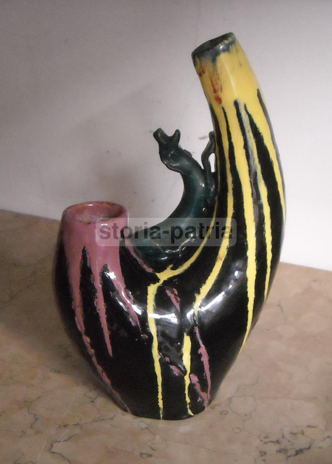 Vaso In Ceramica Artistica Di Grottaglie Con Scultura Di Cane, Anni '30 '50