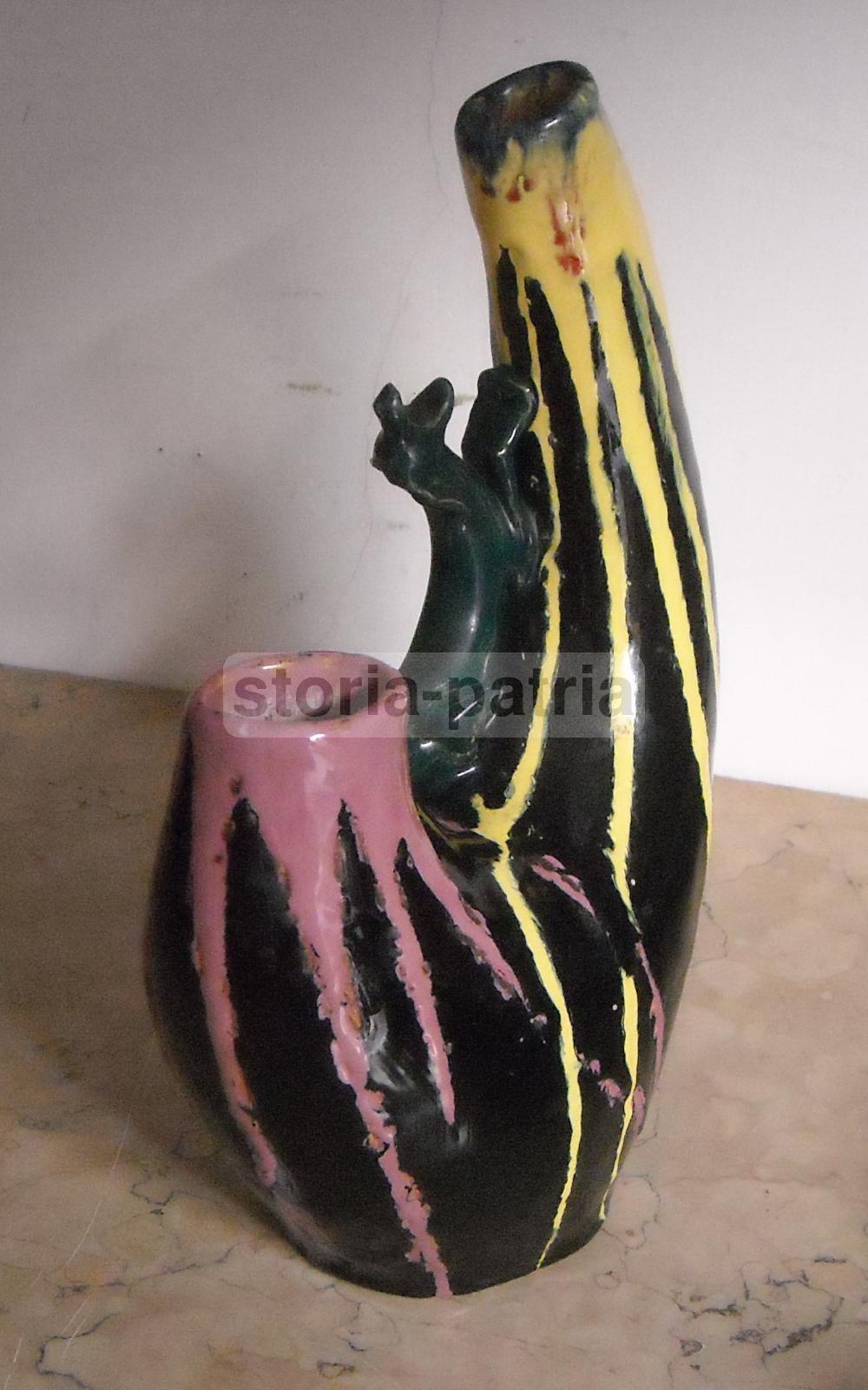 Vaso In Ceramica Artistica Di Grottaglie Con Scultura Di Cane, Anni '30 '50