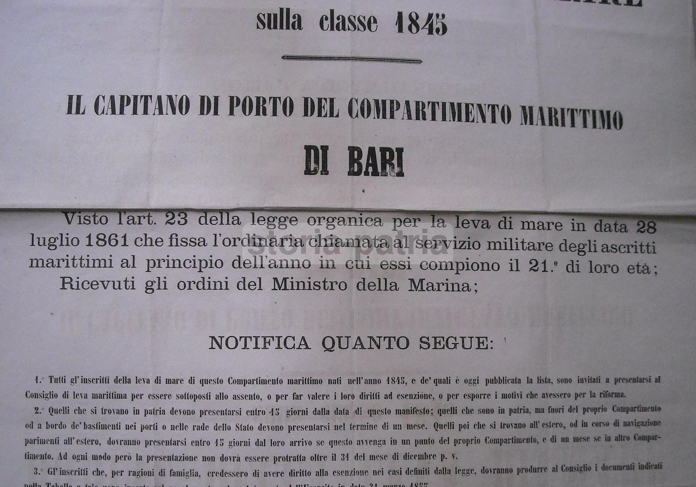 Manifesto Leva Di Mare 1866, Regno d'Italia, Bari, Stemma Sabaudo