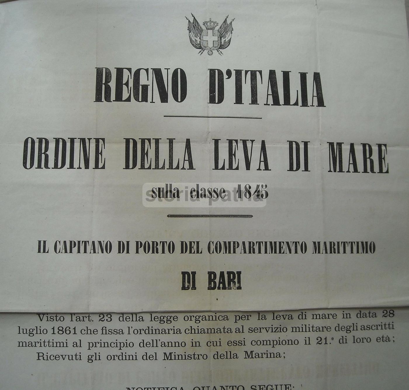 Manifesto Leva Di Mare 1866, Regno d'Italia, Bari, Stemma Sabaudo