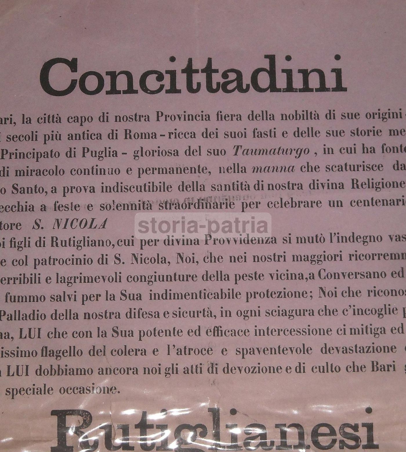 Concittadini: Manifesto 1887 Per San Nicola A Rutigliano