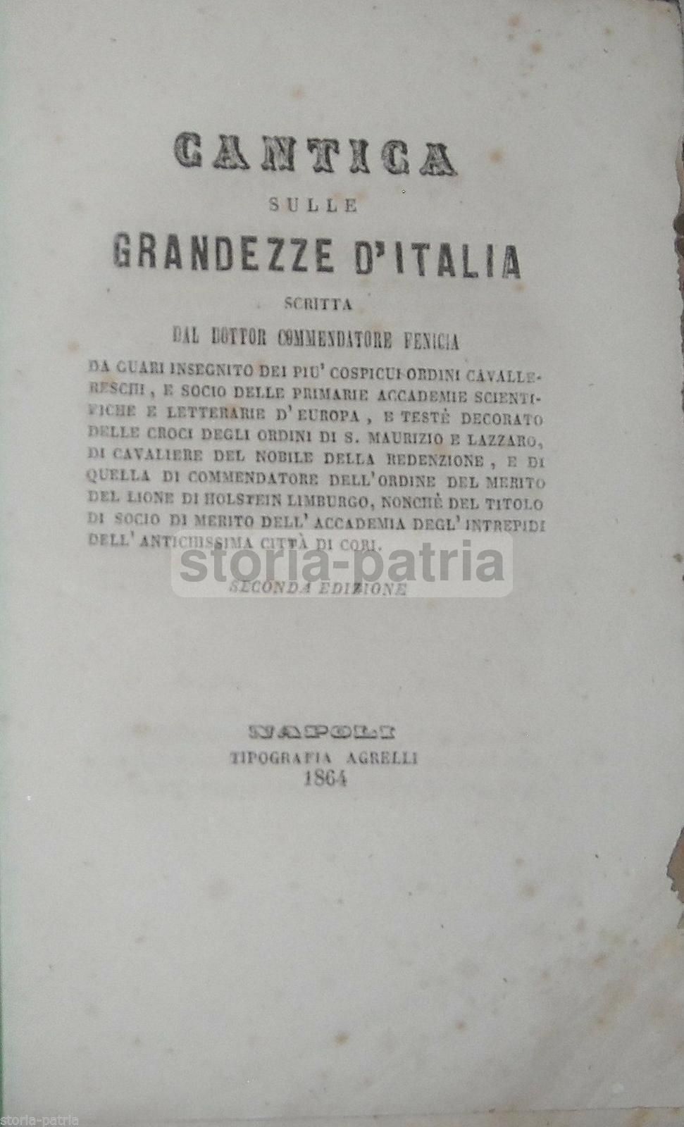 Cantica Sulle Grandezze d'Italia Salvatore Fenicia 1864 Napoli