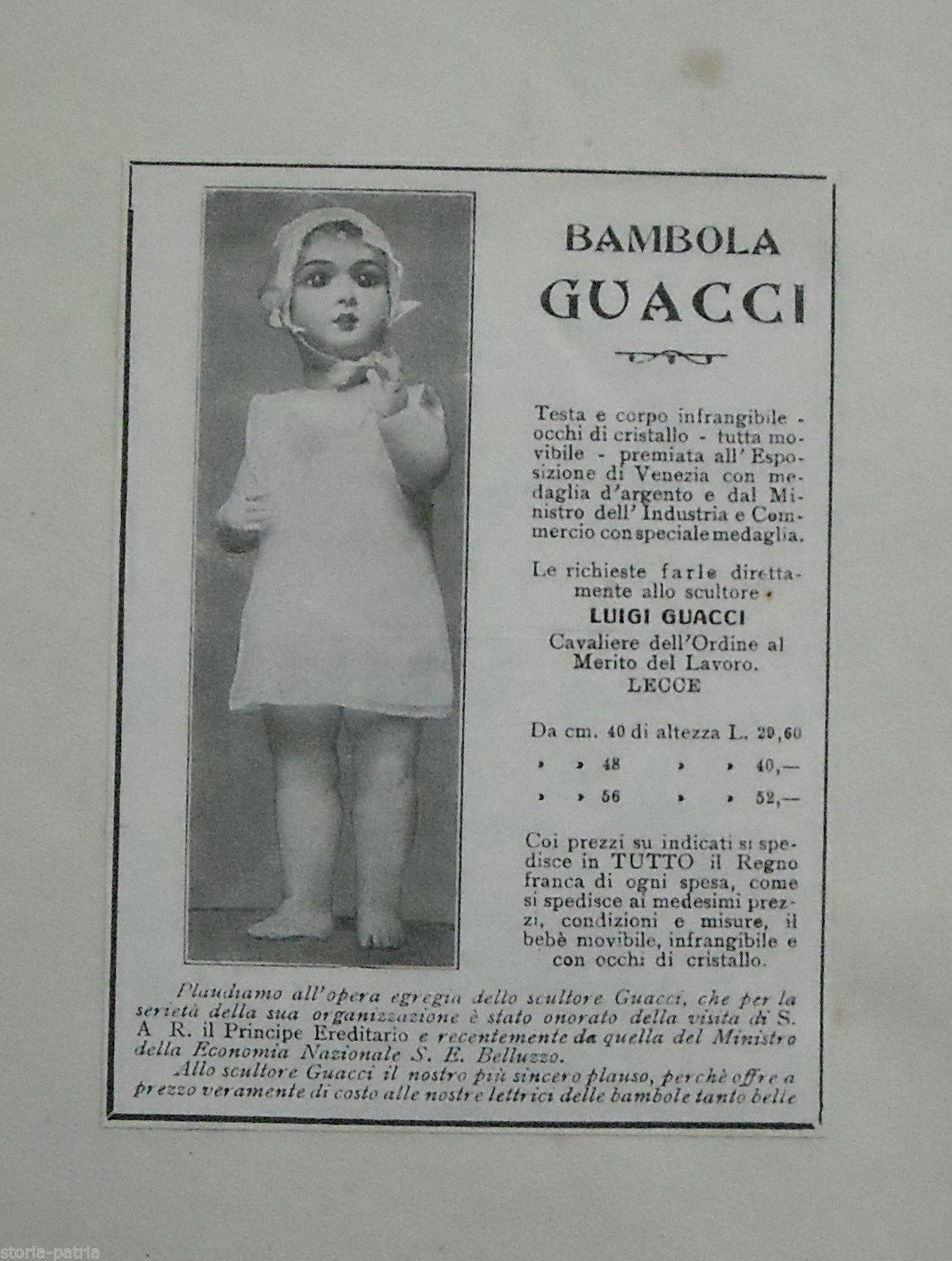 Pubblicità Antica Bambole Guacci, Lecce, Salento, Prima Metà '900