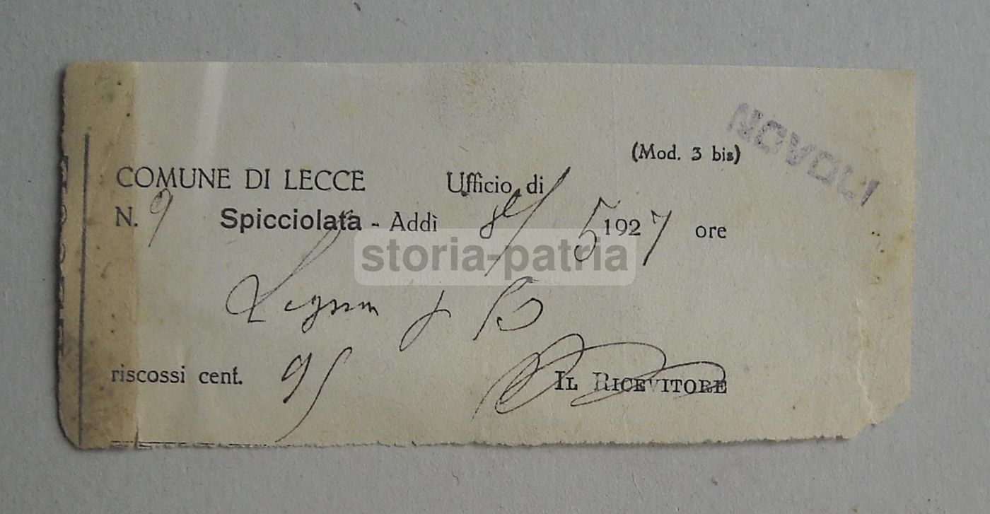 Ricevuta Antica Comune Di Lecce Novoli 1927 Documento Storico