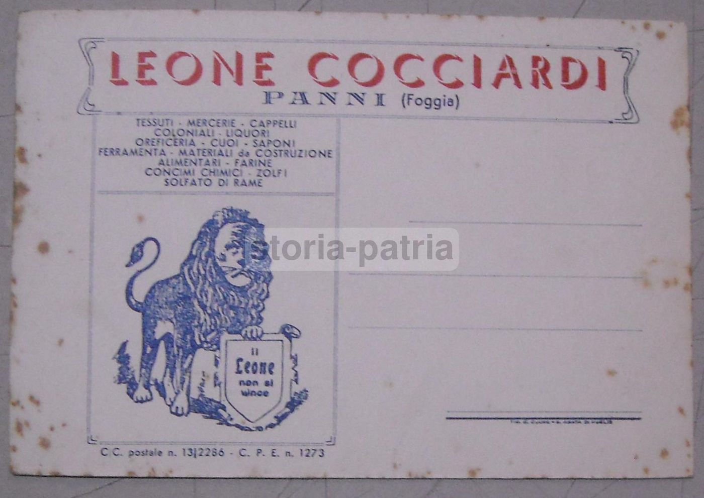 Cartolina Pubblicitaria Leone Cocciardi, Panni (Foggia), Anni '50