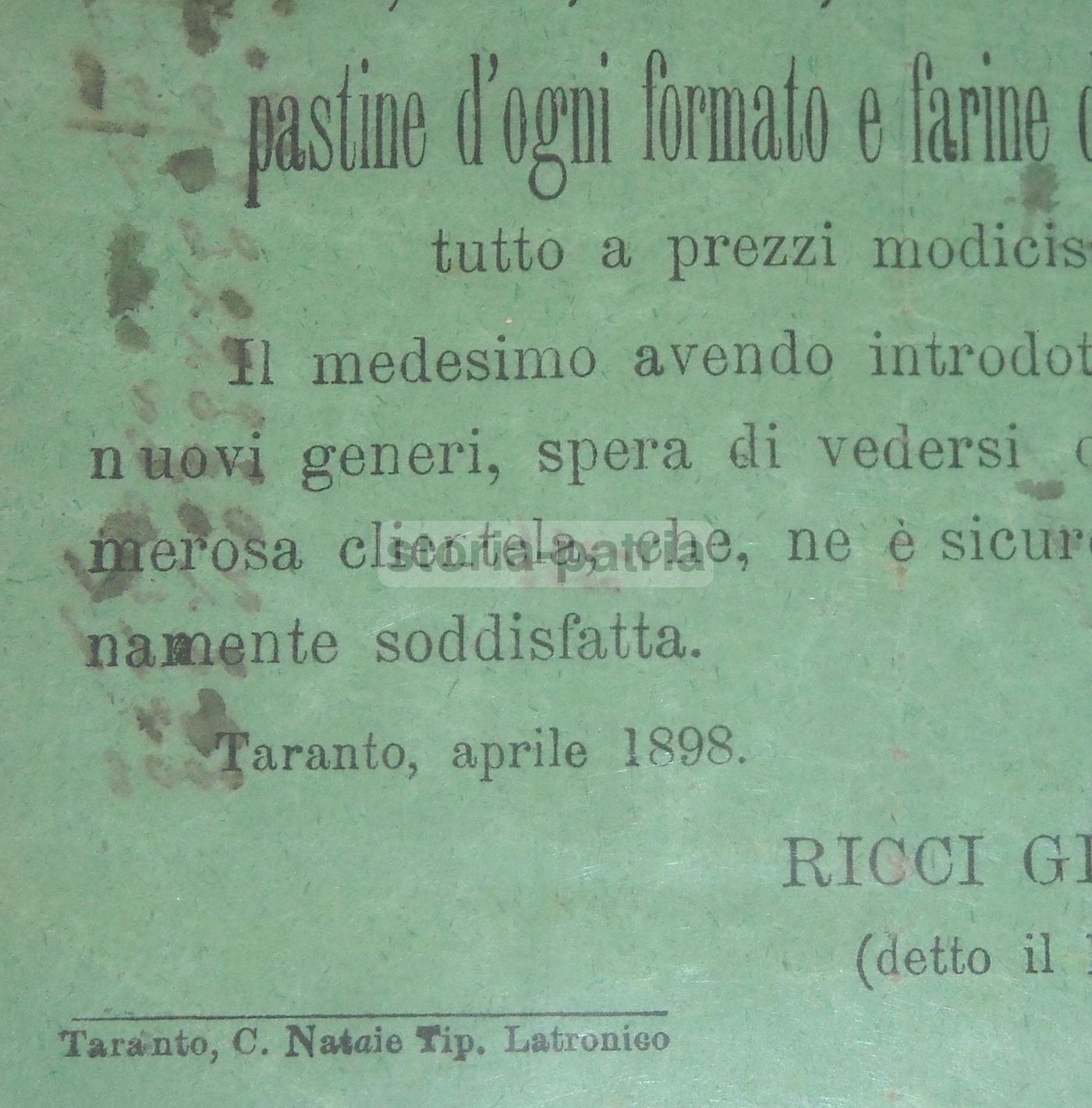 Volantino Pubblicitario 1898 Salsamenteria Ricci Taranto Puglia