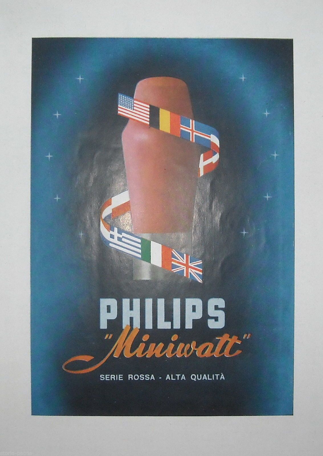 Stampa Pubblicitaria Philips Miniwatt Valvola Radio Anni '50
