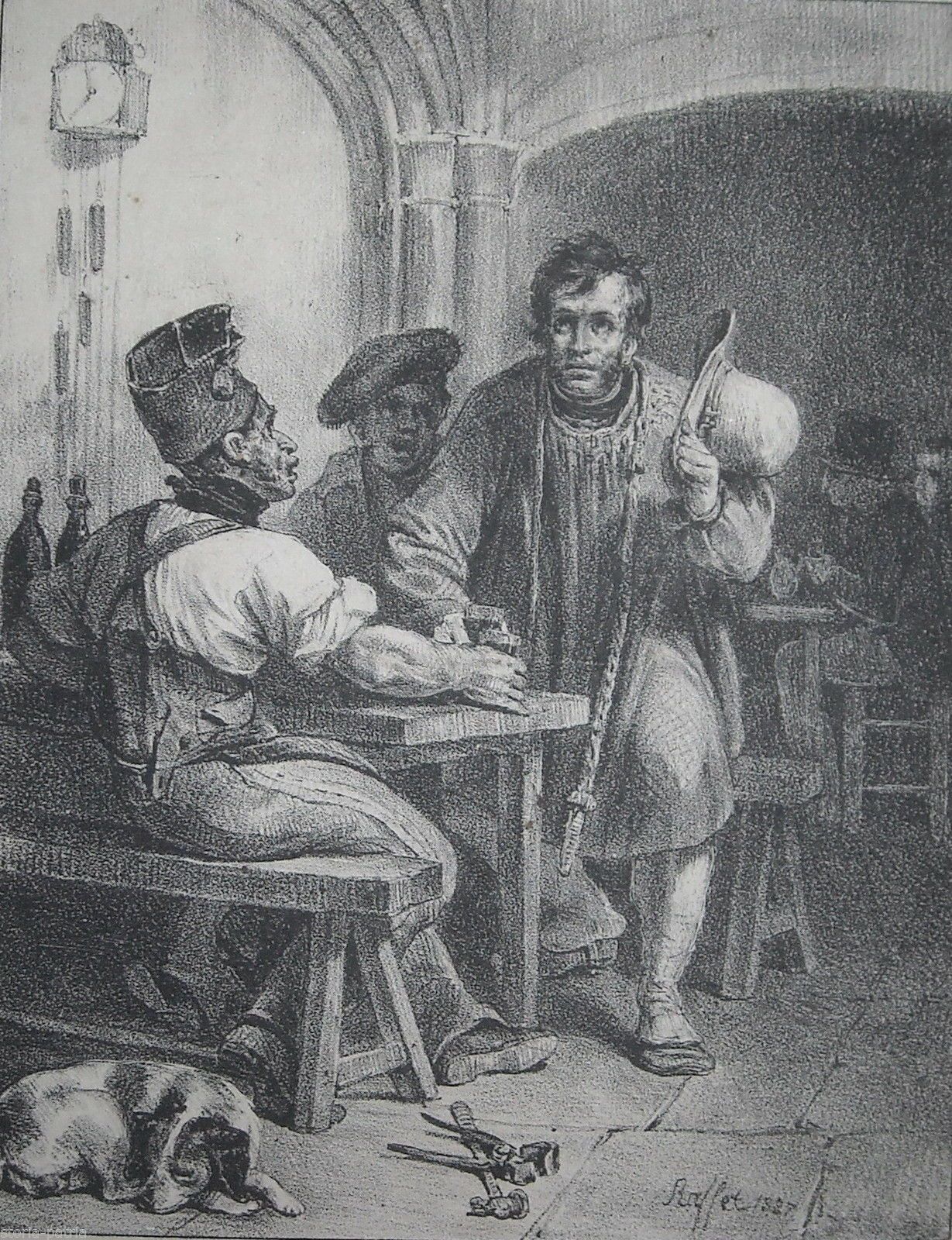 Stampa Antica Raffet Osteria XIX Secolo Litografia Folkloristica