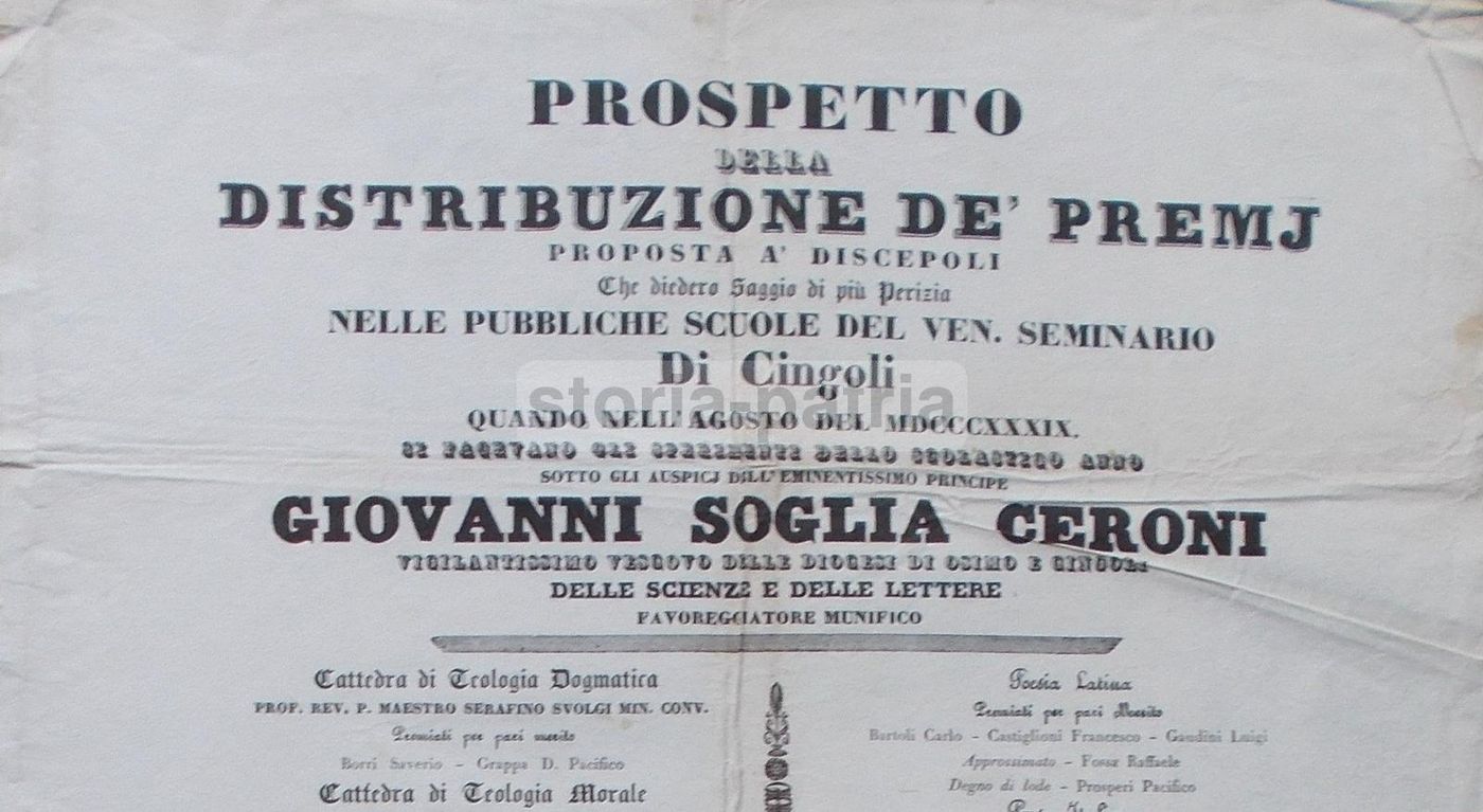 Manifesto Antico Seminario Cingoli 1839 Giovanni Soglia Ceroni