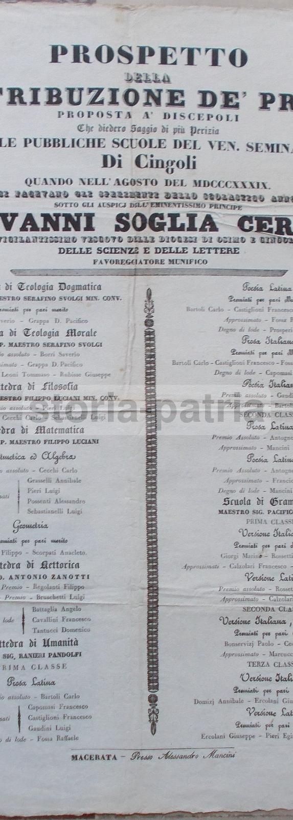 Manifesto Antico Seminario Cingoli 1839 Giovanni Soglia Ceroni