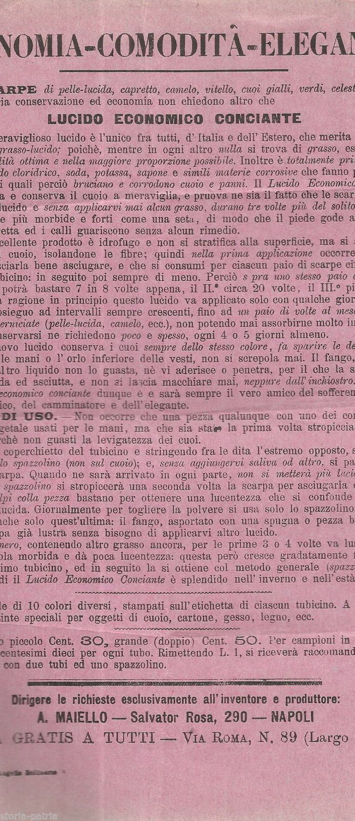 Volantino Pubblicitario Antico Lucido Per Scarpe Maiello, Napoli 1920 Circa