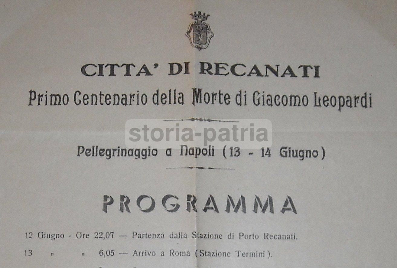 Programma Pellegrinaggio A Napoli Per Il Centenario Di Leopardi, Recanati 1937