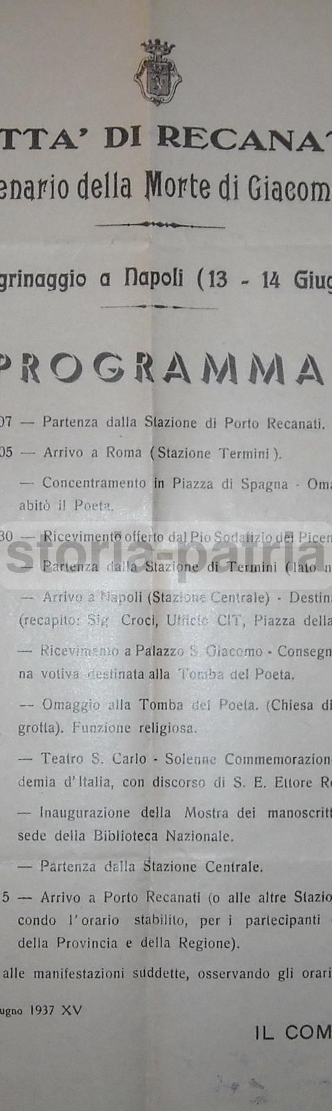 Programma Pellegrinaggio A Napoli Per Il Centenario Di Leopardi, Recanati 1937
