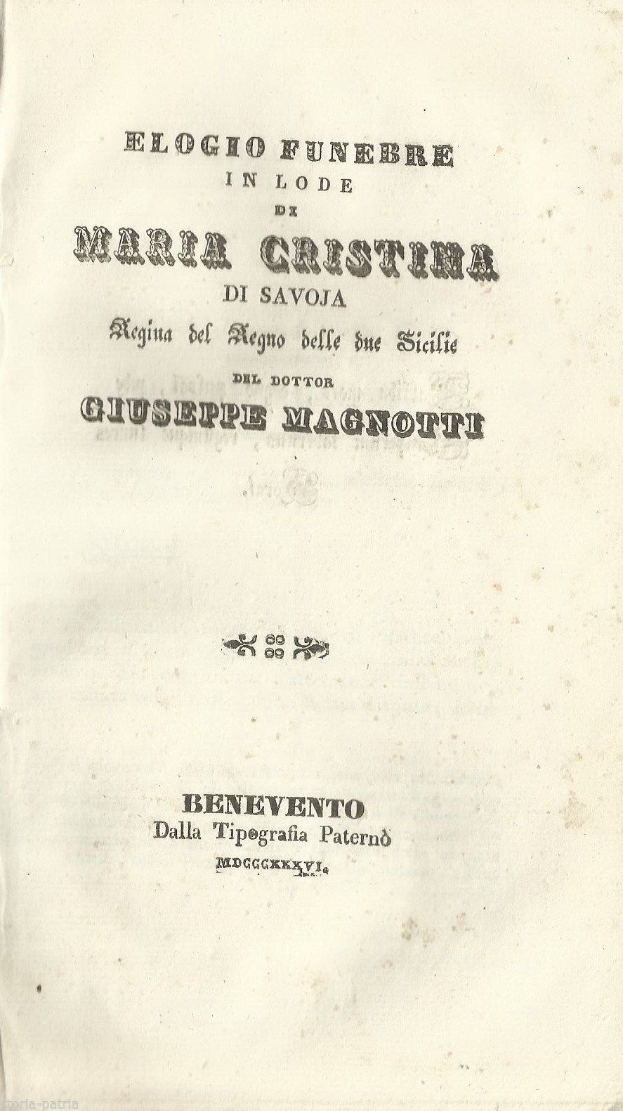 Elogio Funebre Maria Cristina Di Savoia, Regina Delle Due Sicilie, 1836