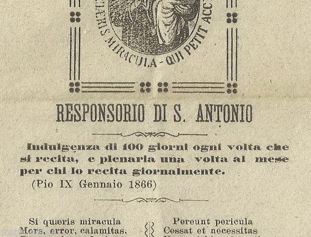 Responsorio Di S. Antonio Di Padova, Indulgenza Di Pio IX. Foglio Volante, 1866.