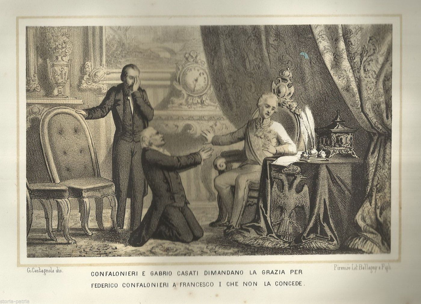 Litografia Originale: Confalonieri E Gabrio Casati Chiedono La Grazia A Francesco I
