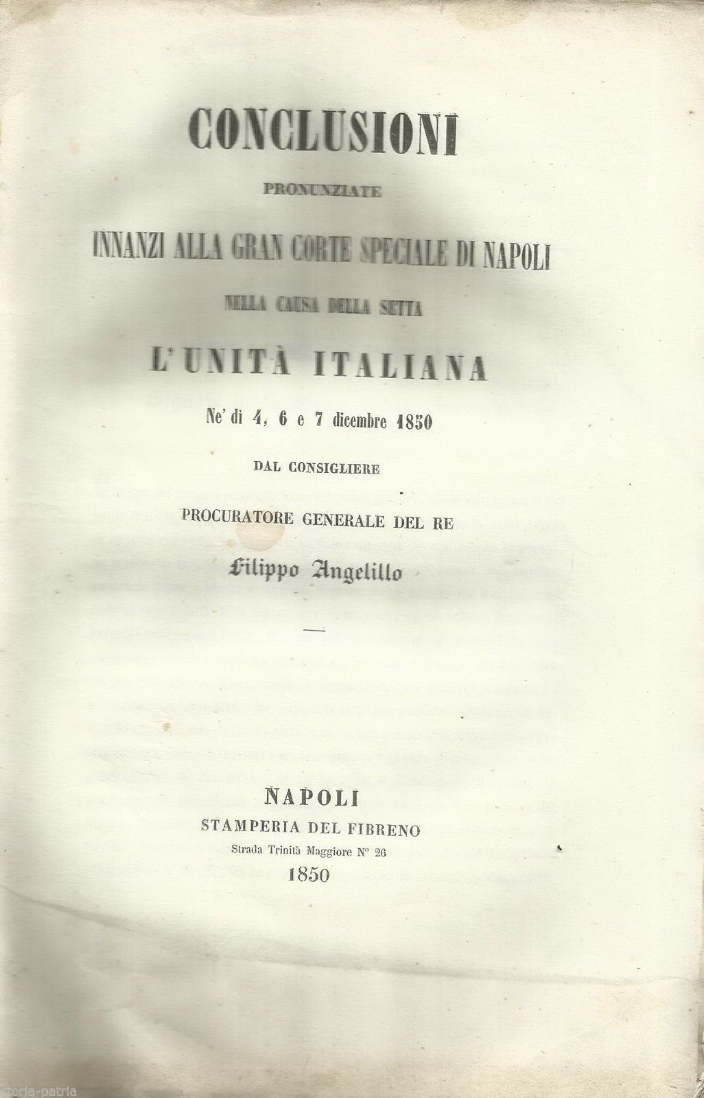 Processo Unità d'Italia 1850: Conclusioni Di Filippo Angelillo Per La Gran Corte Criminale Di Napoli