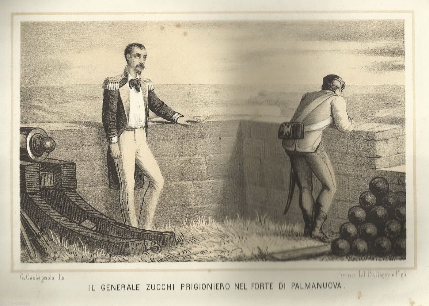 Litografia Del Generale Zucchi Prigioniero Nel Forte Di Palmanova, 1850 Circa